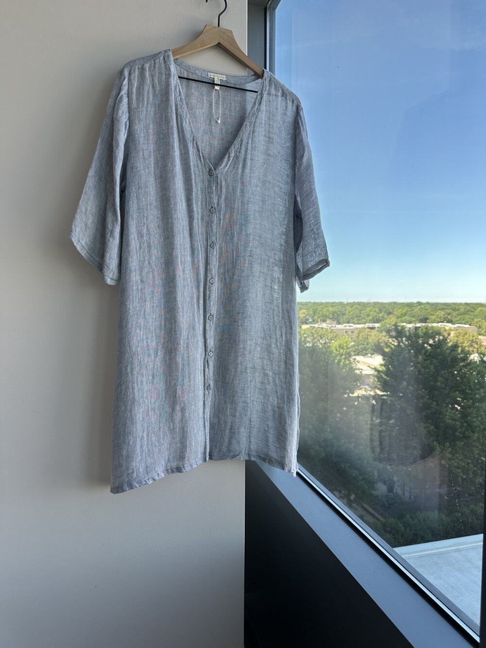 Eileen Fisher Blue 100% Linen Gauze Button Front Tunic Dress Swim Cover shirt XL